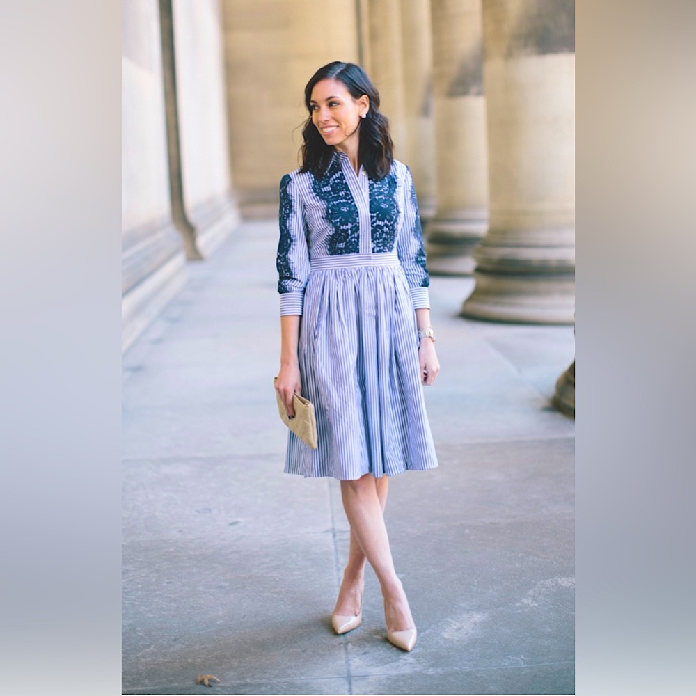 Eliza J Stripes Shirt Dress Lace Fit and Flare.
